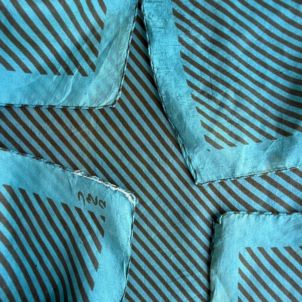 Vera Neumann Vintage Silk Scarf Turquoise Brown Diagonal Stripe Hand Rolled Edge